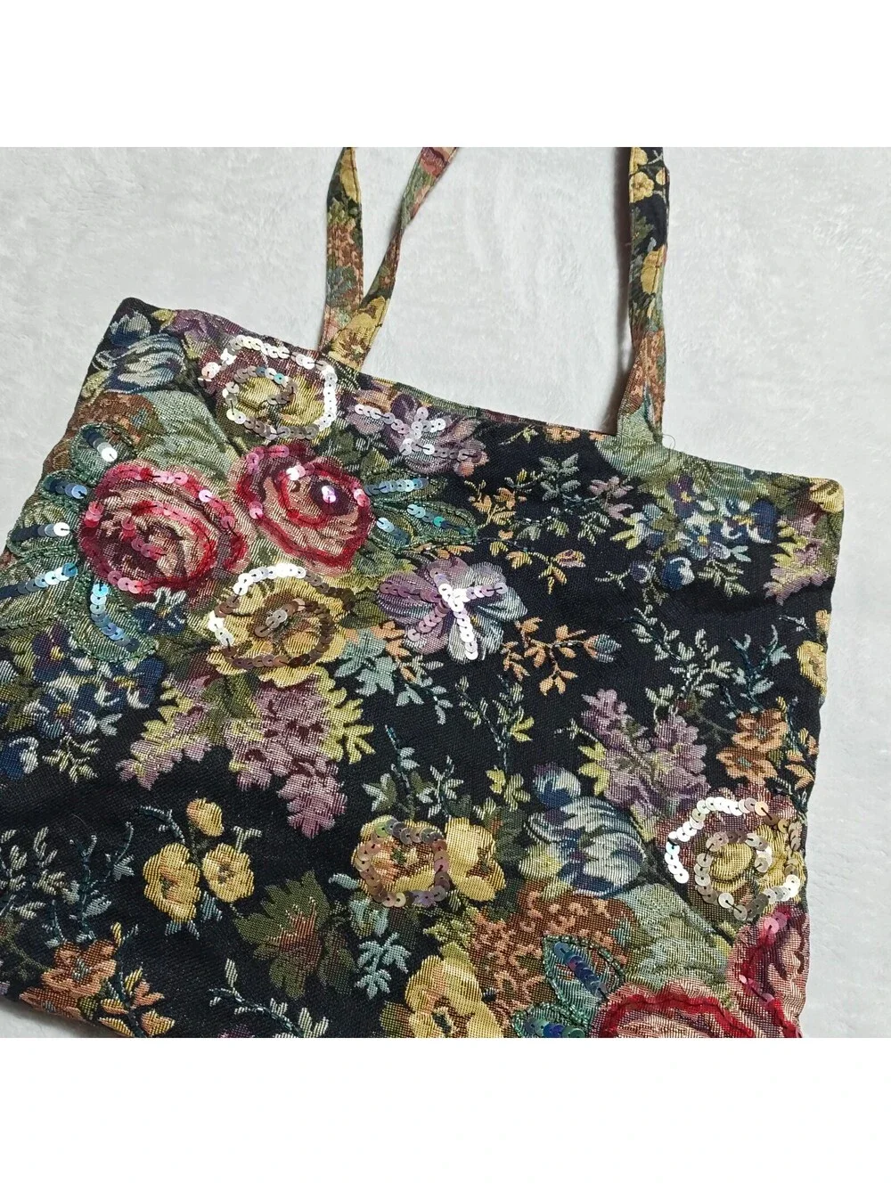 Vintage maximalist floral carpet shoulder bag with sequin embellishments